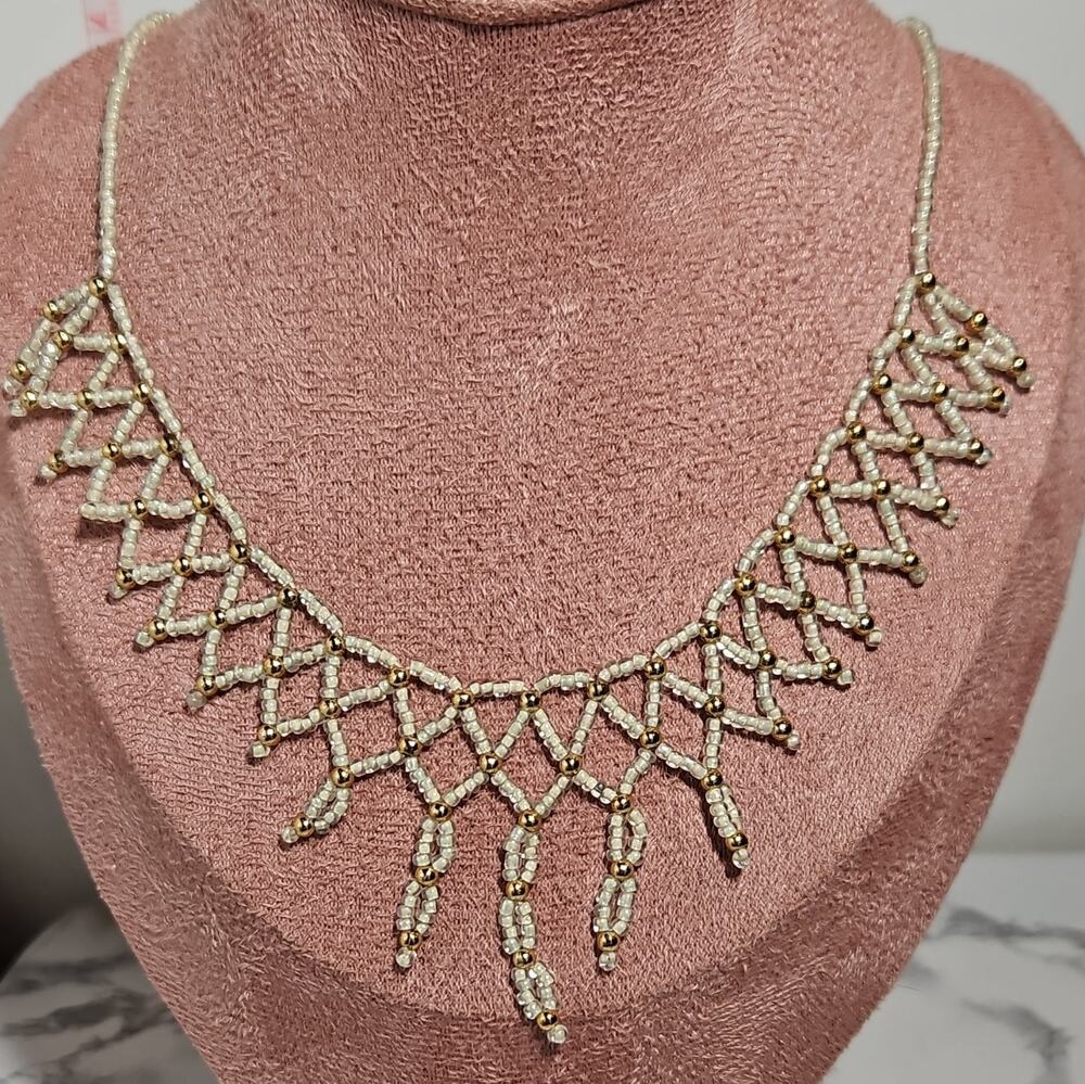 Vintage Glass Seed bead Collar Ivory With Golden Spacers